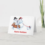 Snowman Couple Kaart<br><div class="desc">Dit leuke afbeelding van een sneeuwpaar met een hond die tijdens de kerstperiode bij familie blijft,  is een mooie illustratie voor een kerstkaart.</div>