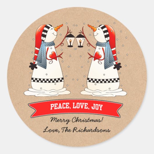 Snowman Couple Kraft Paper - Aangepast kerstfeest Ronde Sticker (Voorkant)