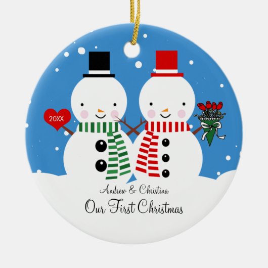 Snowman Couple ons eerste kerstfeest Keramisch Ornament (Voorkant)