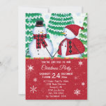 Snowman Couple Snowflakes Red Kerstparty Kaart<br><div class="desc">Nodig uw gasten bij uw vakantiefeest in stijl uit met deze artistieke kerstfeestuitnodiging. Dit ontwerp is voorzien van een sneeuwpaar in rode en zwarte argyle-cape en sjaal. Sneeuwpijnbomen en sneeuwvlokken bevinden zich op de achtergrond. Hieronder op blauw in witte typografie staat al je partijdetails om je te personaliseren. De achterkant...</div>