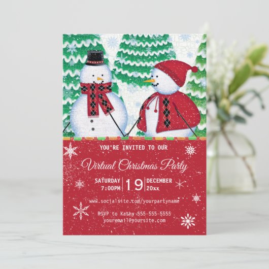 Snowman Couple Snowflakes Red Kerstparty Kaart (Staand voorkant)