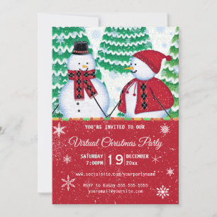 Snowman Couple Snowflakes Red Kerstparty Kaart