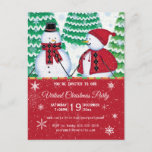 Snowman Couple Snowflakes Red Kerstparty Uitnodiging Briefkaart<br><div class="desc">Nodig uw gasten bij uw virtueel vakantiefeest in stijl uit met deze artistieke uitnodiging voor het briefkaart van het kerstfeest. Dit ontwerp is voorzien van een sneeuwpaar in rode en zwarte argyle-cape en sjaal. Sneeuwpijnbomen en sneeuwvlokken bevinden zich op de achtergrond. Hieronder op rood zie je witte typografie met al...</div>