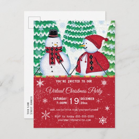 Snowman Couple Snowflakes Red Kerstparty Uitnodiging Briefkaart (Voorkant / Achterkant)