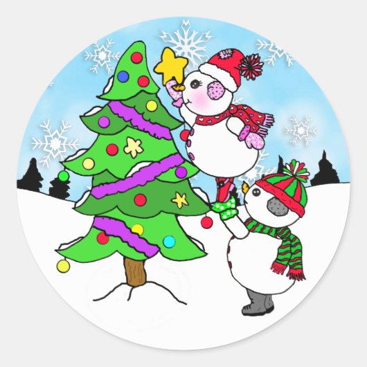 Snowman Couple zet Star op kerstboom Ronde Sticker (Voorkant)