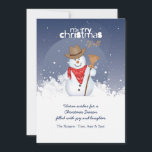 Snowman Cowboy kerstfeestdag Feestdagenkaart<br><div class="desc">Een schattige sneeuwman, verkleed in een western kleed en met een bezem. De kaart is eenvoudig aan te passen met uw tekst, lettertype, lettertypekleur, papieren vormopties en een keuze uit zes papiertypen. Witte enveloppen inbegrepen. Zenuwd over het ontwerpen en bestellen van je kaart online? Geen zorgen. Bedien slechts 1 kaart...</div>