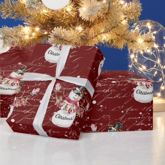 Snowman Cute Waterverf Merry kerstscript Red Cadeaupapier (Feestdagen)