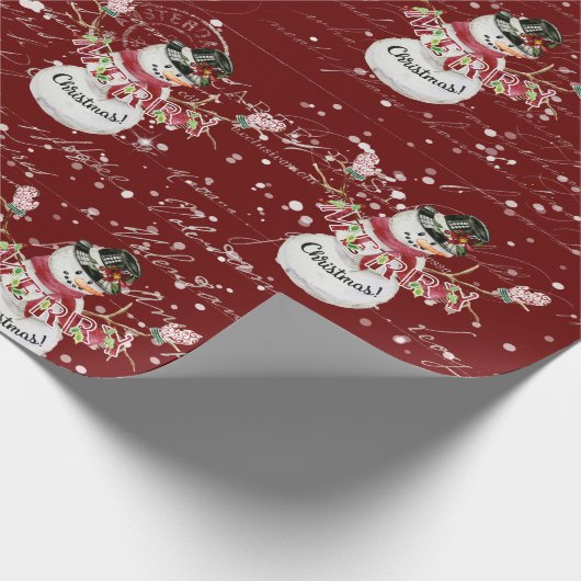 Snowman Cute Waterverf Merry kerstscript Red Cadeaupapier (Hoek)