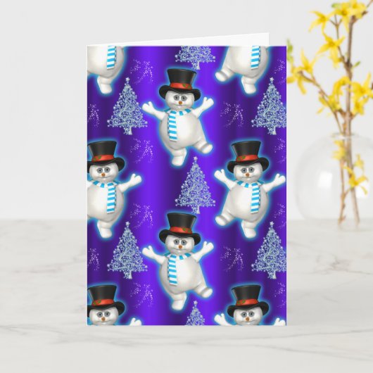Snowman danst blauw kerstfeest kaart (Gele Bloem)