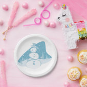 Snowman die een bovenste hoed heeft papieren bordje (Feest)