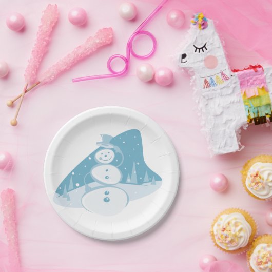 Snowman die een bovenste hoed heeft papieren bordje (Feest)