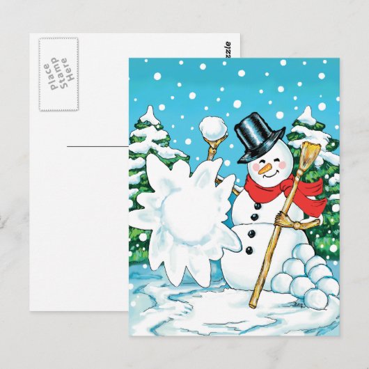 Snowman die een Snowball Winter Fun Splat gooit. Briefkaart (Voorkant / Achterkant)