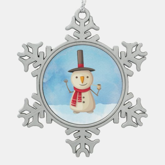 Snowman die met kerst waait en glimlacht tin sneeuwvlok ornament (Voorkant)