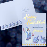 Snowman Dreidels Blue Childs Name Hanukkah Gold Folie Wenskaart<br><div class="desc">These cute add a name Happy Hanukkah greeting cards can be customized by you for your granddaughter, grandson, niece, nephew or other family designation. Printed with real gold foil accents, this personalized Chanukah card features a happy little snowman with his two matching dreidels in soft blues and purple all on...</div>