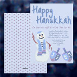 Snowman Dreidels Blue Cute Celebrate Hanukkah Feestdagenkaart<br><div class="desc">These personalized Happy Hanukkah cards are ready for you to customize and send to friends and family. The cute Jewish snowman with his matching dreidels in soft blues and purple stand front and center along with HAPPY HANUKKAH at the top in a dark blue whimsical hand written font with bright...</div>