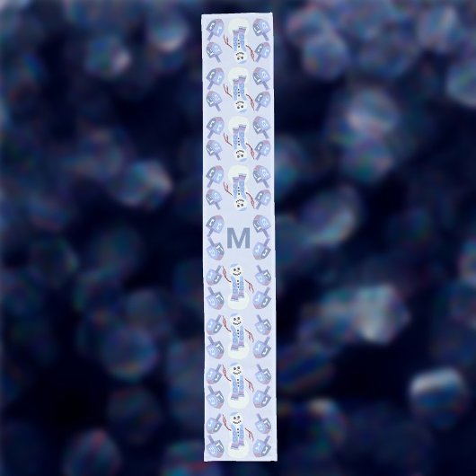 Snowman Dreidels Optioneel Monogram Blauw Chanoeka Lange Tafelloper