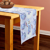 Snowman Dreidels Optioneel Monogram Blauw Chanoeka Lange Tafelloper