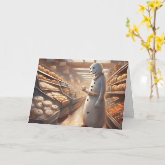 Snowman drinking cocoa in the bakery Christmas Kaart (Gele Bloem)