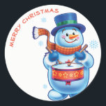 Snowman drummer Christmas label sticker<br><div class="desc">Trek af en plak deze vrolijke drummende sneeuwpop op cadeaus,  op decoraties,  op kaarten - in feite op elke plek waarvan je denkt dat het zal worden opgelicht.</div>