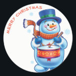 Snowman drummer Christmas label sticker<br><div class="desc">Trek af en plak deze vrolijke drummende sneeuwpop op cadeaus,  op decoraties,  op kaarten - in feite op elke plek waarvan je denkt dat het zal worden opgelicht.</div>