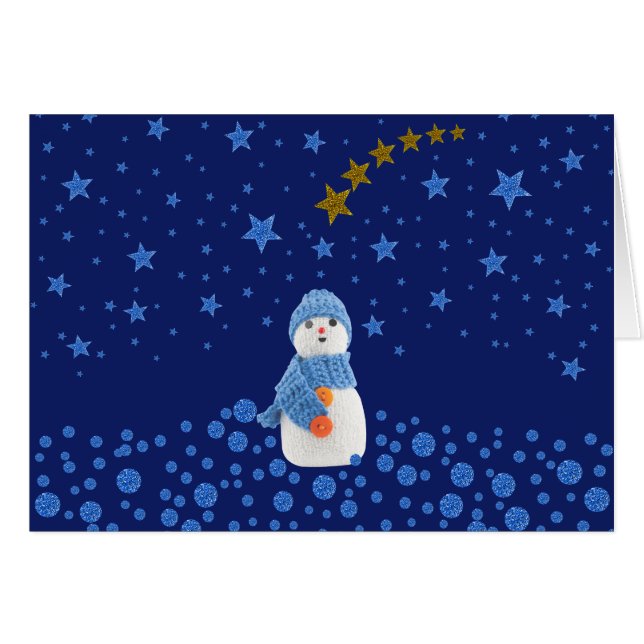 Snowman, dunne blauwe sterren op blauw (Voorkant Horizontaal)