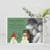 Snowman Duo Holiday Flat Kaart, Groen Feestdagenkaart (Staand voorkant)