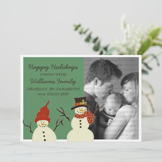 Snowman Duo Holiday Flat Kaart, Groen Feestdagenkaart (Staand voorkant)