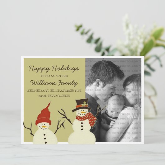 Snowman Duo Holiday Flat Kaart, Sage Feestdagenkaart (Staand voorkant)