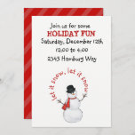 Snowman Editable Invitation Kaart<br><div class="desc">Sneeuwman met rode sjaal aan de voorkant om te coördineren met de rode strepen aan de achterkant van deze uitnodiging. Geweldig voor allerlei soorten wintersnuifjes.</div>
