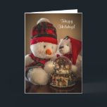 Snowman en Beer met Snowglobe Feestdagen Kaart<br><div class="desc">Een afbeelding van een opgezette sneeuwman en een beer met een wereldbol in de vorm van een van hen. De sneeuwman heeft een tartan of plaid rood ski-pet en het beer heeft een rode kerstmuts.</div>