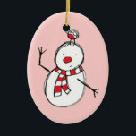 Snowman en Bird Ceramic Ornament<br><div class="desc">Een schattige sneeuwman met een vogel op zijn hoofd en een rode en witte gestreepte sjaal. Deze schattige versiering is perfect als cadeau voor vrienden en familie,  of koop er een voor jezelf.</div>