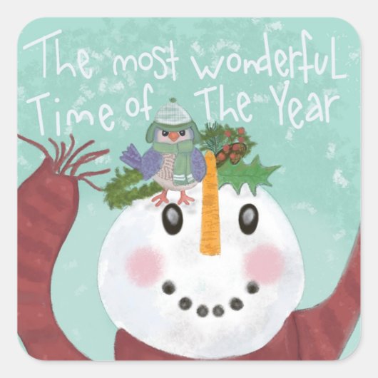 Snowman en Bird Vierkante Sticker (Voorkant)