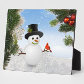 Snowman en Cardinaal Bird Plaque Fotoplaat (Zijkant)