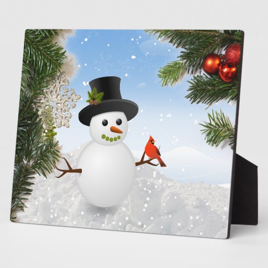 Snowman en Cardinaal Bird Plaque Fotoplaat (Zijkant)