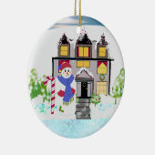 Snowman en Cozy House Ceramic Ornament (Rechts)