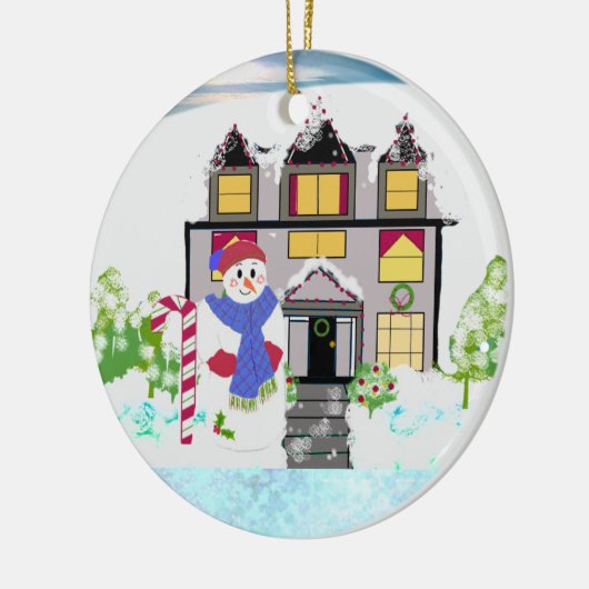 Snowman en Cozy House Ceramic Ornament (Links)