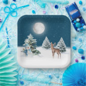 Snowman en Deer in sneeuwvlokken Papieren Bordje (Feest)