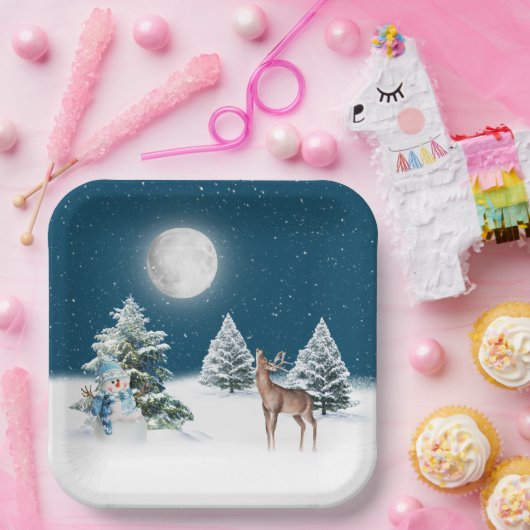 Snowman en Deer in sneeuwvlokken Papieren Bordje (Feest)