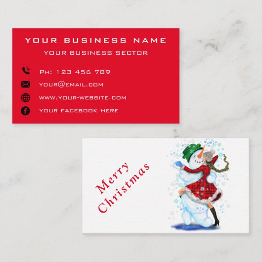 Snowman en Girl Dansende KerstVisitekaartje Visitekaartje (Voorkant / Achterkant)