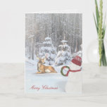 Snowman en hert met prettige kerst in bossen feestdagen kaart<br><div class="desc">sneeuwman met vakantiewaar voor herten in winterse bossen met kerstversieringen en sneeuwvlokken</div>