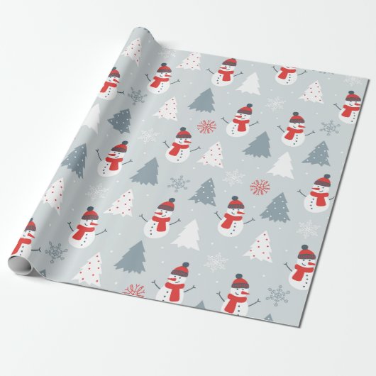 Snowman en kerstbomen kerstpatronen cadeaupapier (Uitgerold)