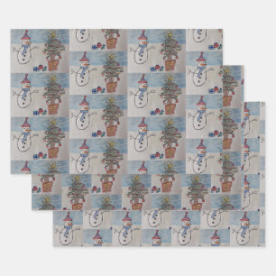 Snowman en kerstboom inpakpapier vel