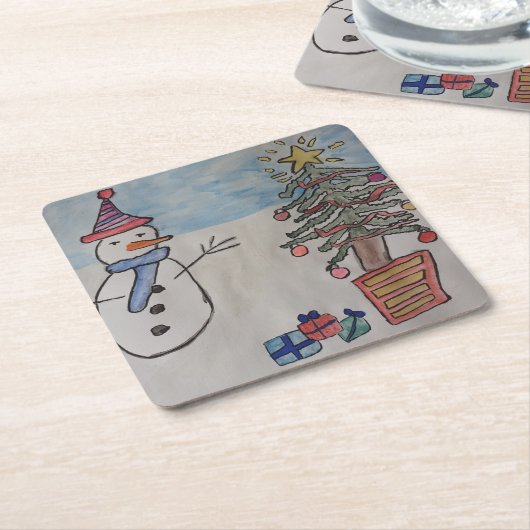 Snowman en kerstboom kartonnen onderzetters (Schuin)