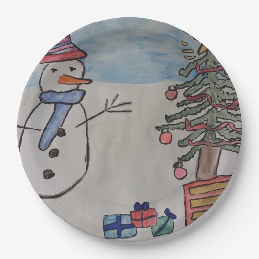 Snowman en kerstboom papieren bordje (Voorkant)