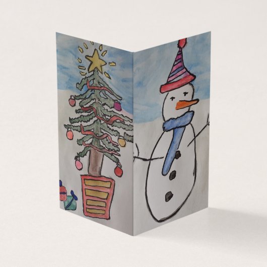 Snowman en kerstboomkerstkaart kaart (Buitenkant)