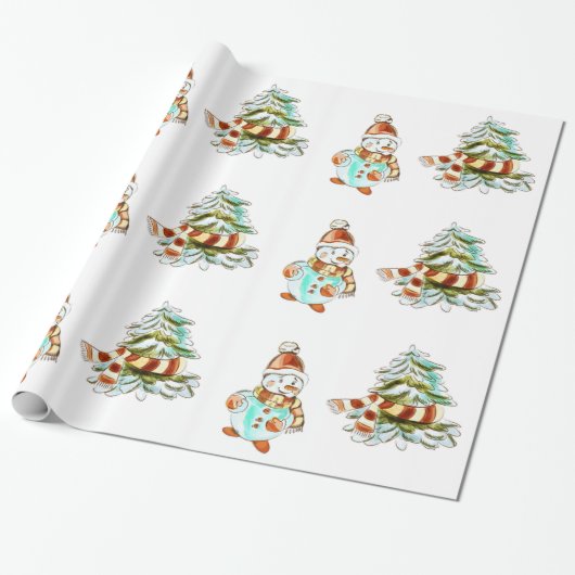  snowman- en kerstboompapier cadeaupapier (Uitgerold)