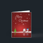 Snowman en Kerstman Feestdagen Kaart<br><div class="desc">Een leuke kerstillustratie met een sneeuwman,  de kerstman,  een kerstboom,  sneeuw en sterren op een rode achtergrond.</div>