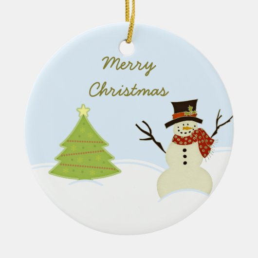 Snowman en kerstversiering met bomen keramisch ornament (Voorkant)