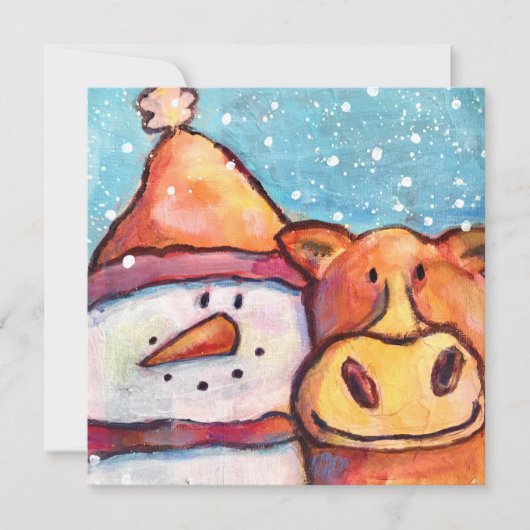 Snowman en Koe Flat Holiday Card Feestdagenkaart (Voorkant)