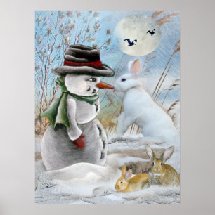 snowman en konijnenetende wortel poster